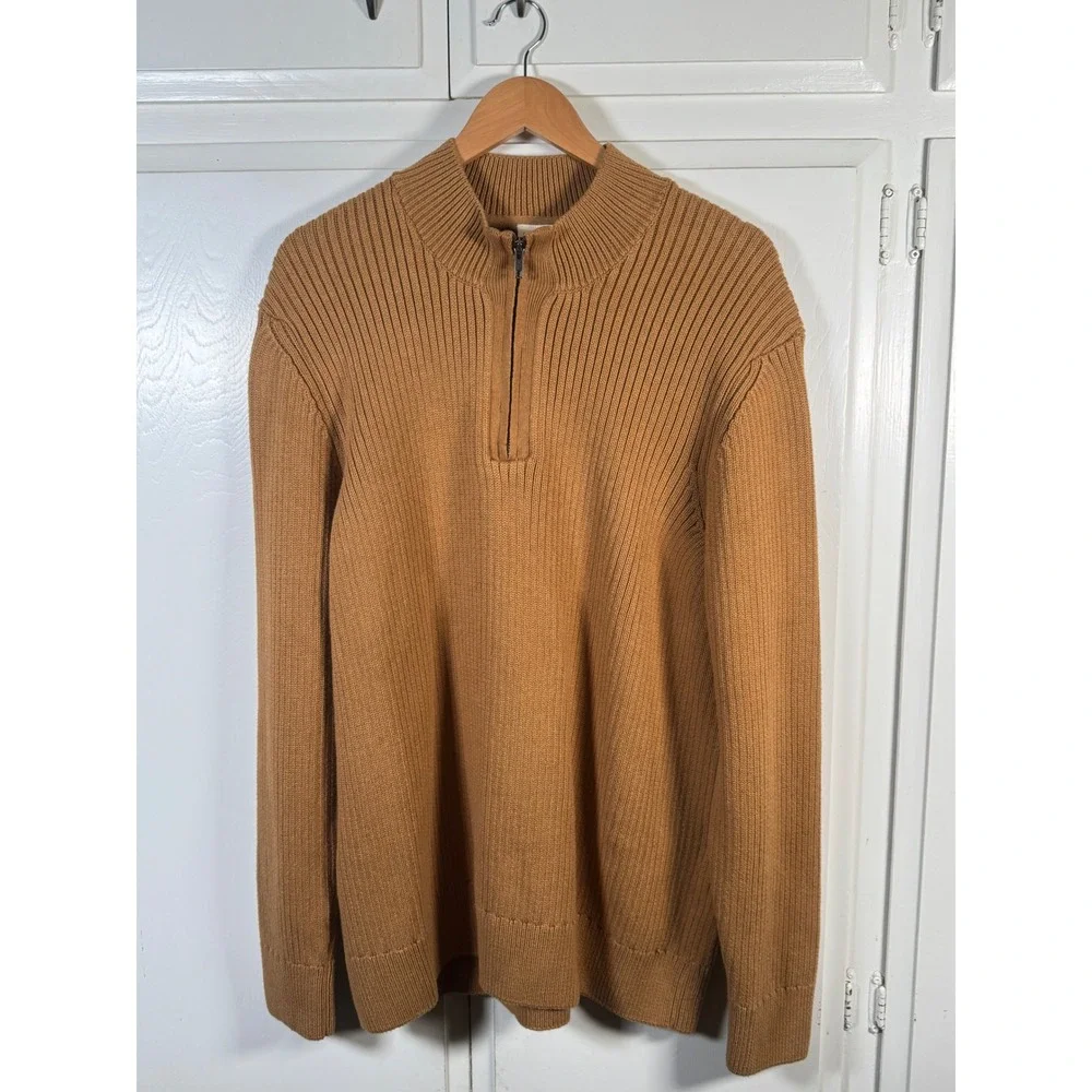 Pact Organic Cotton Quarter Zip Ribbed Sweater Mens XL Camel Brown New